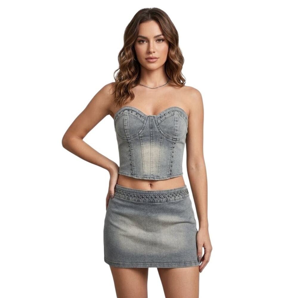 Cherry Mellow x Forever 21 Corset-Style Crop Bustier Mini Skirt Set Size Small.